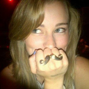 Ceinwen Cloney with a moustache key ring